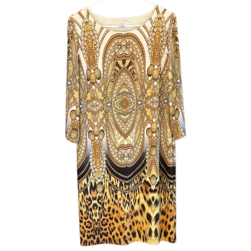 EUC Chico's Ornate Jewel Chain Leopard Pattern Shift Midi Dress Size Medium
